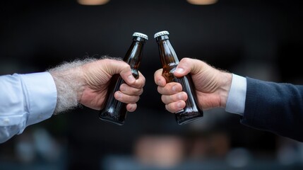 Image capturing two men in formal attire with their arms extended, holding brown beer bottles for a toast, showcasing a business or celebratory occasion.