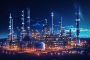 Futuristic Oil Refinery and Energy Plant Illuminated at Night