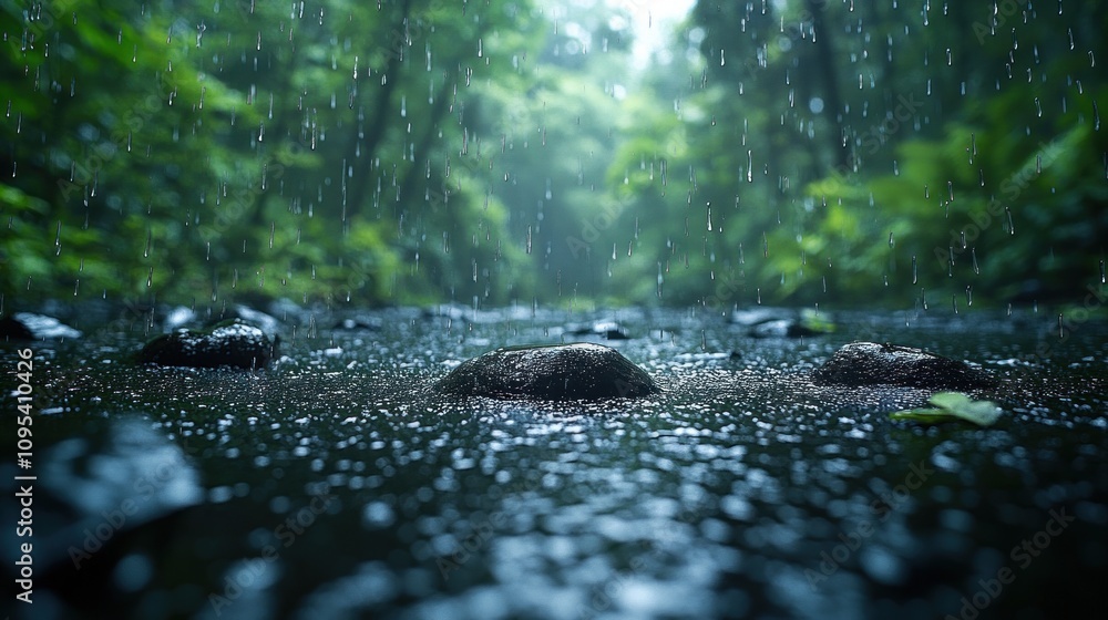 Poster a serene forest scene with rain falling on rocks in a tranquil stream.
