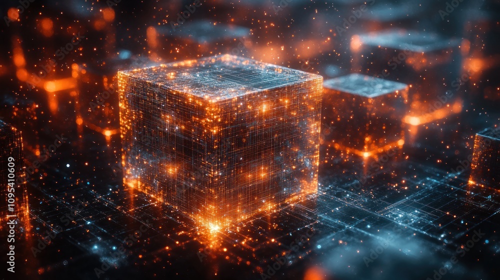Poster a digital representation of glowing cubes and particles in a futuristic environment.