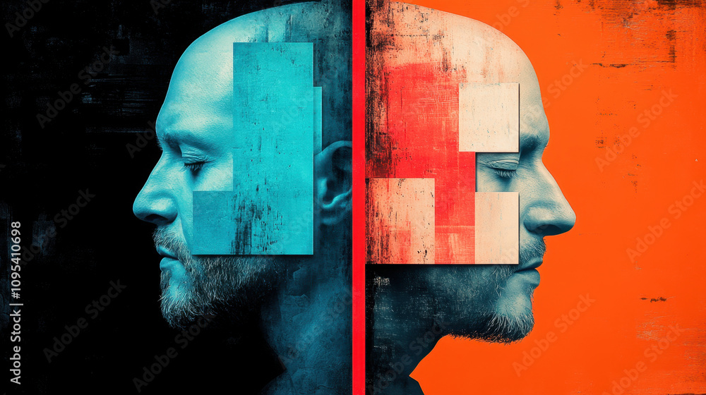 Poster the image features a stylized portrait split into two contrasting color schemes, depicting a male fi