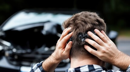 A man stands with his hands on his head, looking at the damaged car, symbolizing stress and disbelief in the midst of a roadside vehicle incident.