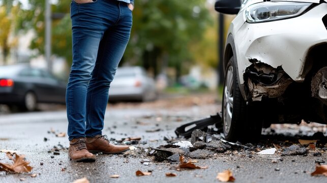 A person in jeans stands by the front of a wrecked car, surrounded by debris and fallen leaves, illustrating the aftermath of a street collision.