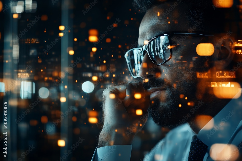 Poster a man gazes intently at a digital data visualization with numerous glowing data points, capturing a 