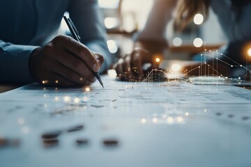 A person writes on detailed blueprints under a high-tech digital overlay, representing the intersection of traditional techniques and advanced technology in planning.