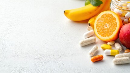 A variety of fruits and vitamins artfully arranged to emphasize the concept of a balanced, healthy lifestyle, showcasing nutrition and wellness elements one can enjoy.