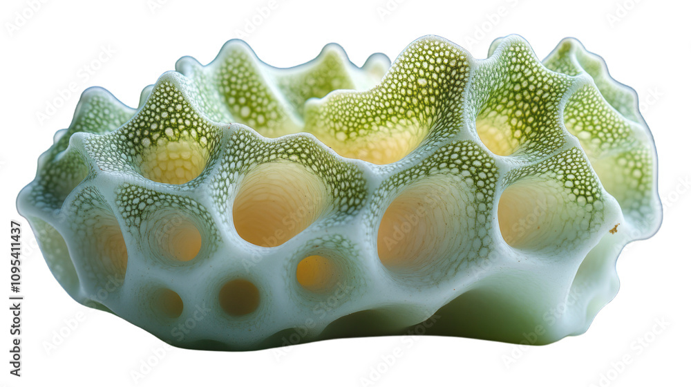 Poster a detailed macro image of a single tiny fern spore case,