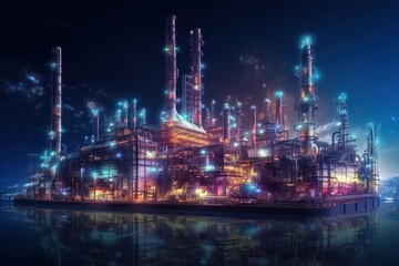 Futuristic Oil Refinery and Energy Plant Illuminated at Night
