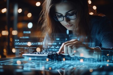 A woman wearing glasses focuses deeply on performing calculations on a digital touch screen, symbolizing precision, technological advancement, and modern work ethos.