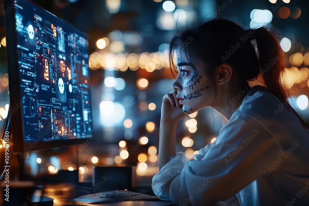 Poster a woman with striking face paint observes a computer screen in a tech-themed setting, illuminated by