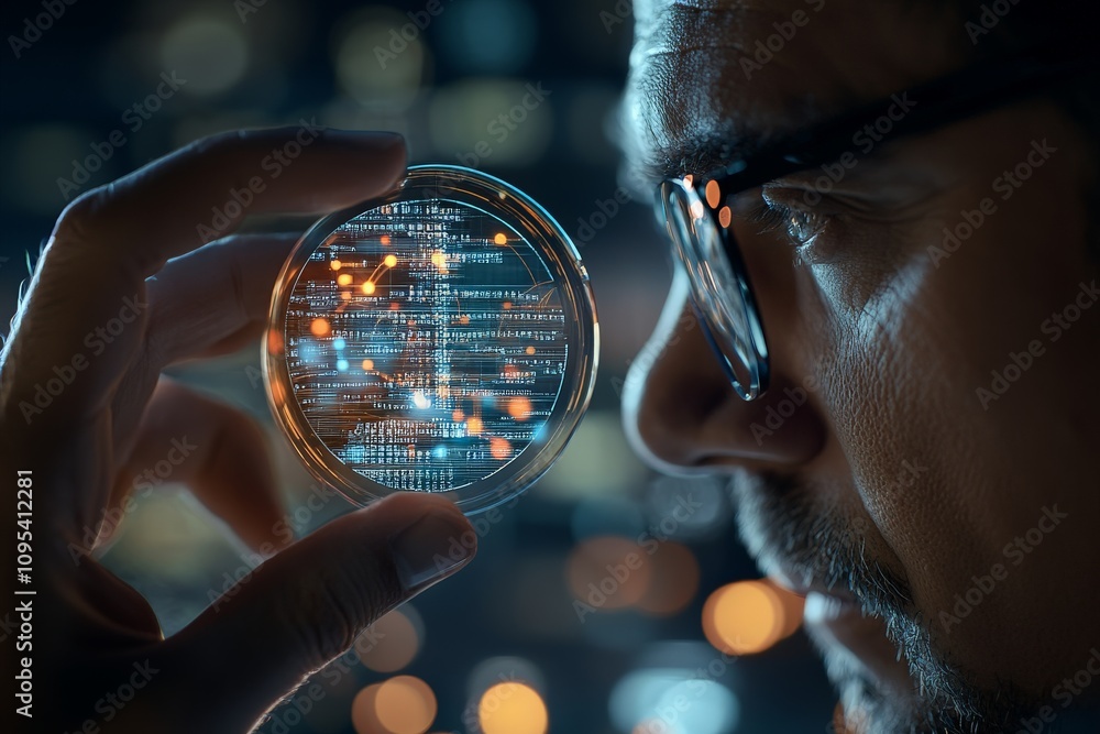 Poster a scientist peers through a magnifying glass at digital code, symbolizing the intersection of scienc