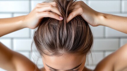 Naklejka premium A top-down view shows a woman gently grasping her hair into a bun, emphasizing her fine hairstyle while showcasing neatly manicured nails and a neutral background.