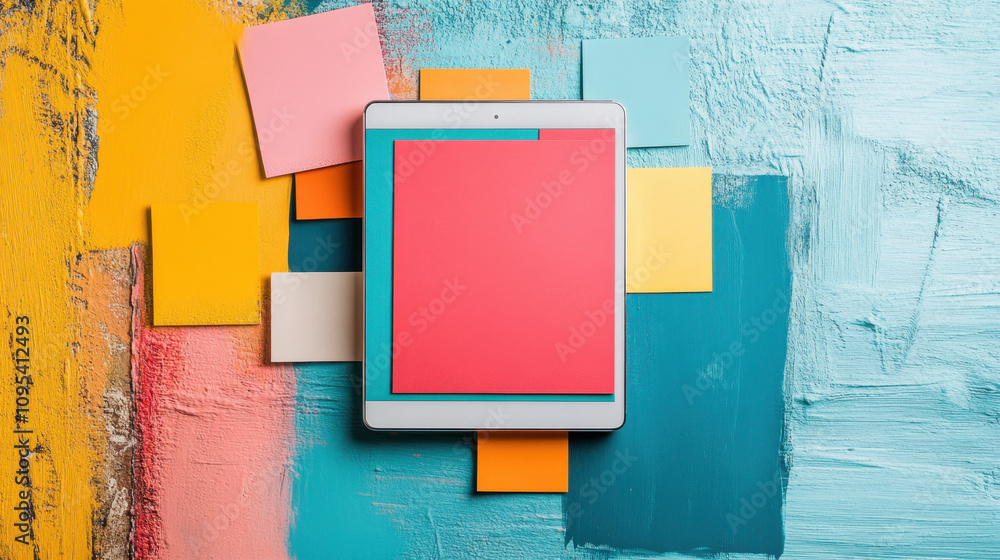 Poster a vibrant arrangement of colorful sticky notes surrounding a tablet on a textured surface creates an