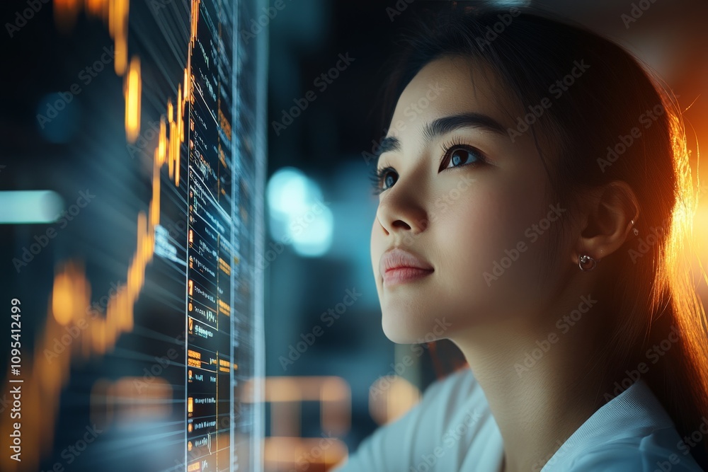 Aufkleber a woman gazes attentively at futuristic data visualizations, signifying a deep engagement in technol