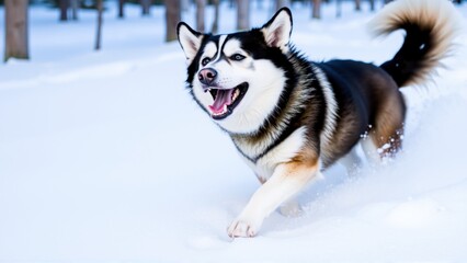 Naklejka premium playful husky dashes across a snowy terrain in a forest, showcasing its excitement and energy. Snow sprays around as the dog enjoys its time outdoors amidst the trees