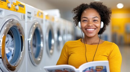 A woman enjoys music through headphones, holding a magazine and smiling warmly in the middle of a bright laundromat filled with modern washing machines.