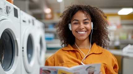 A happy woman listens to music through headphones while smiling and reading a magazine in a modern laundromat filled with bright washing machines.