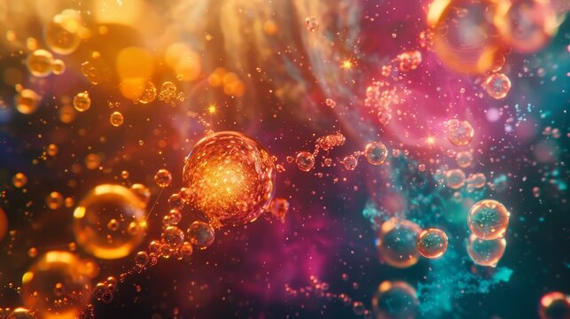 Close up microscopic view of chemical molecules merging with glowing bonds and complex structures
