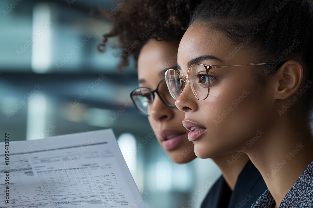 Poster two women with glasses focus intently on printed reports in a professional space, symbolizing teamwo