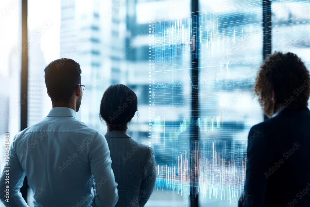 Poster a group of business professionals stands before a large digital screen displaying complex data visua