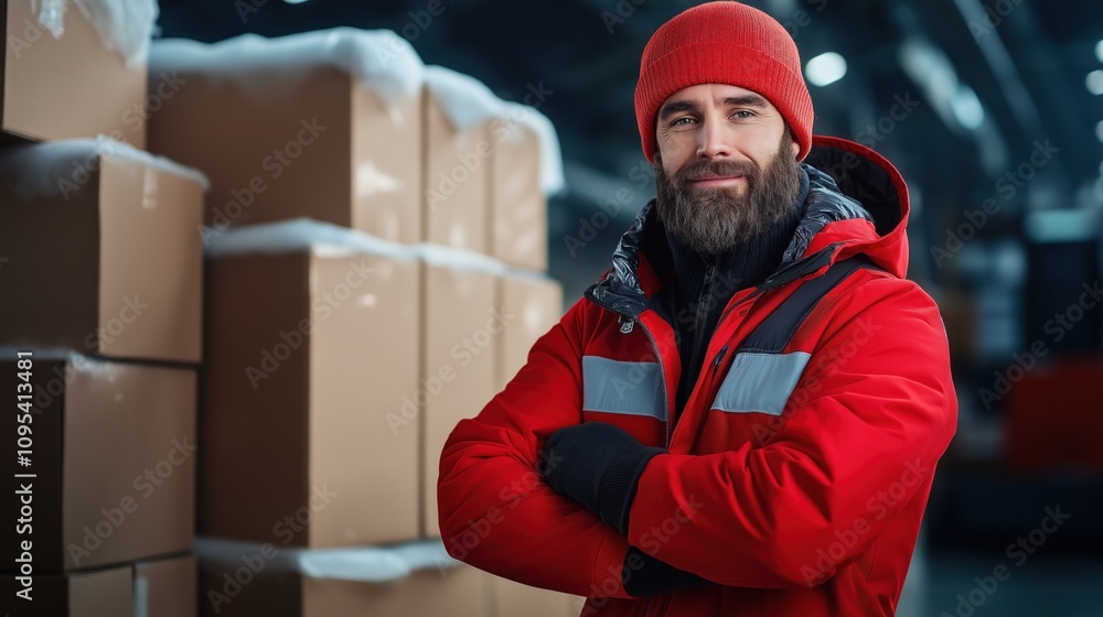 Poster warehouse worker with a red hat and jacket displays confidence while standing among stacked cardboar