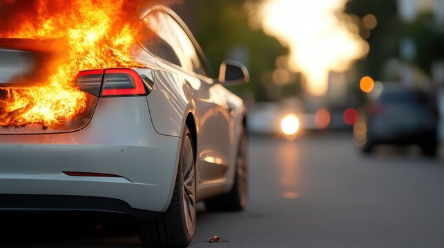 The rear of a car is seen on a street, with a blazing backfire happening nearby, illustrating the chaotic nature of city life and possible danger present.