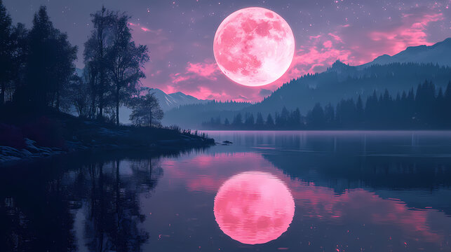 Pink lunar reflection on quiet pond. Lunar Eclipse Reflection. Illustration