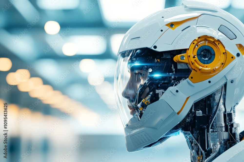Poster a sleek robot with illuminated eyes is observed in a high-tech environment showcasing the merger of 