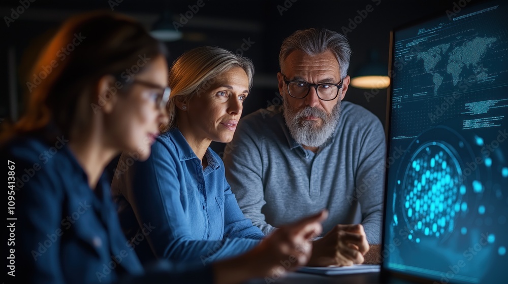 Poster two women and a man are focused on a computer screen displaying various data visualizations in a dar