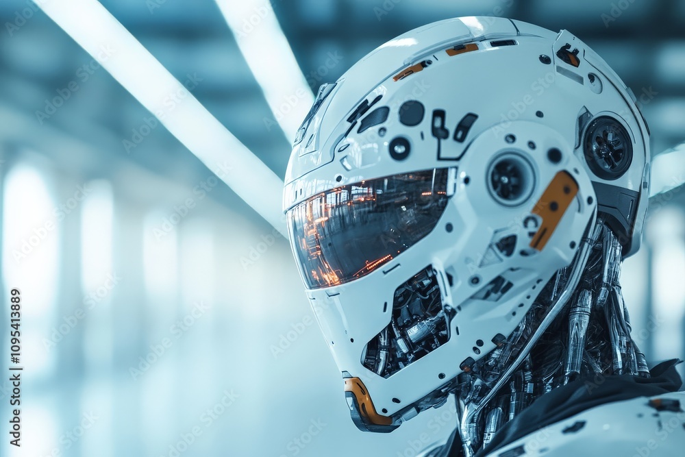 Poster a futuristic robot with a detailed helmet stands in an advanced tech environment, symbolizing the ri