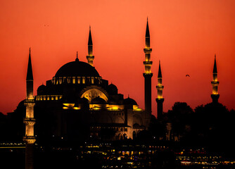 Silhouette of historic Ottoman mosques and minarets at sunset. A breathtaking view of Istanbul’s timeless skyline.