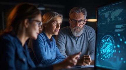 Two women and a man are focused on a computer screen displaying various data visualizations in a dark office. atmosphere is tense yet productive as they discuss insights and strategies