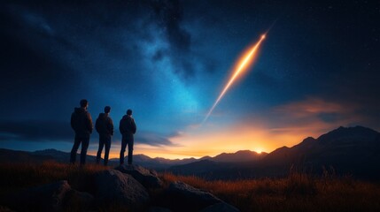 As night falls, three figures stand atop a rocky outcrop, captivated by a bright comet racing through the dark sky above mountains, illuminating the twilight