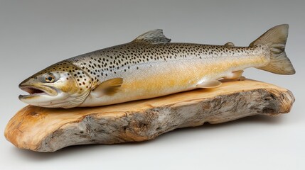 Taxidermied brown trout on wood.