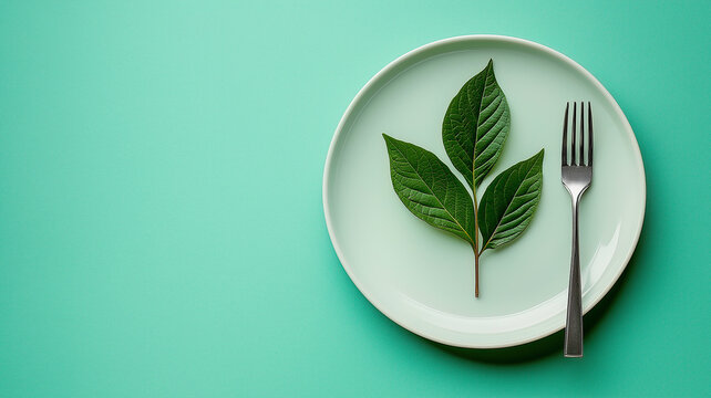 A simple yet striking image of a plate with leaves and a fork on a green background. The composition evokes a sense of purity and healthiness.Vegan diet or veganism concept