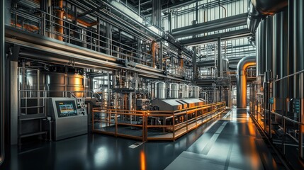 Industrial facility with machinery and pipelines, showcasing a complex production environment.