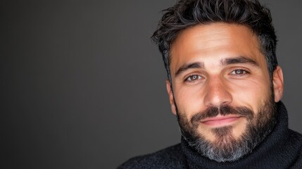 Obraz premium A confident man with gray hair and beard smiles subtly in front of a dark background, wearing a turtleneck, exuding wisdom, elegance, and modern style.