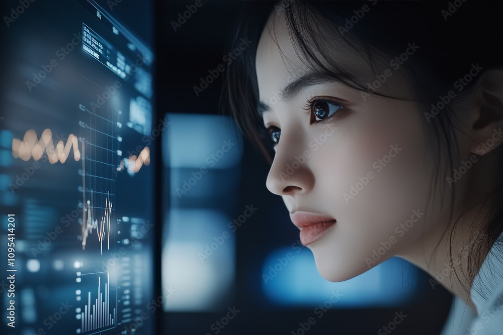 Aufkleber a woman intensely focuses on data analysis, with digital graphs emphasizing the importance of analyt