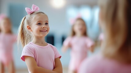 A young girl, adorned in pink with a bow, is smiling during a dance class setting, embodying a beautiful blend of grace and childhood wonder amidst peers.