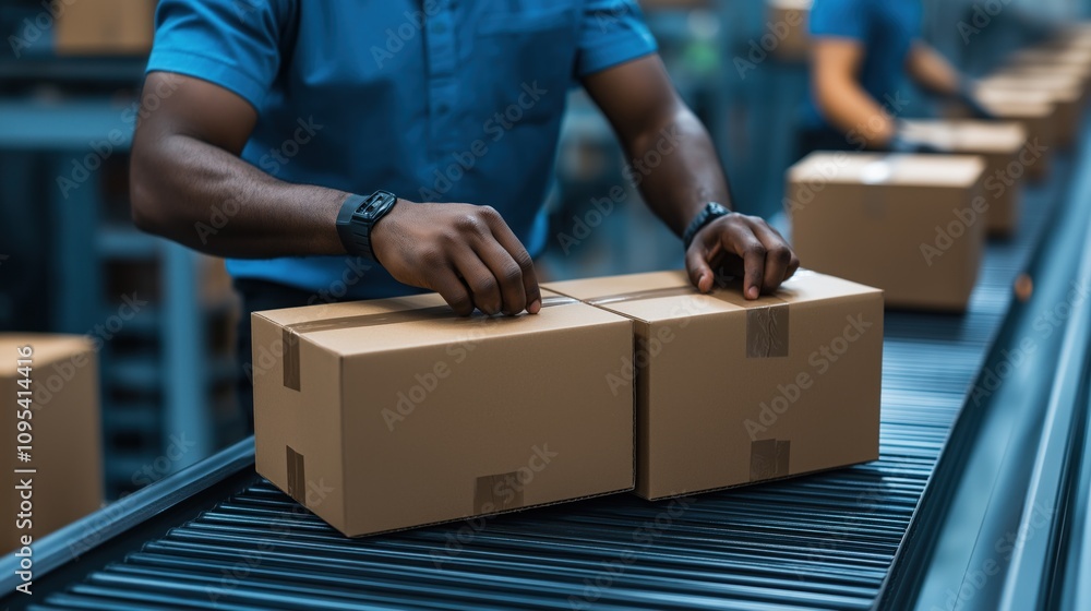 Poster worker organizes cardboard boxes on a conveyor belt in a fulfillment center, ensuring efficient pack