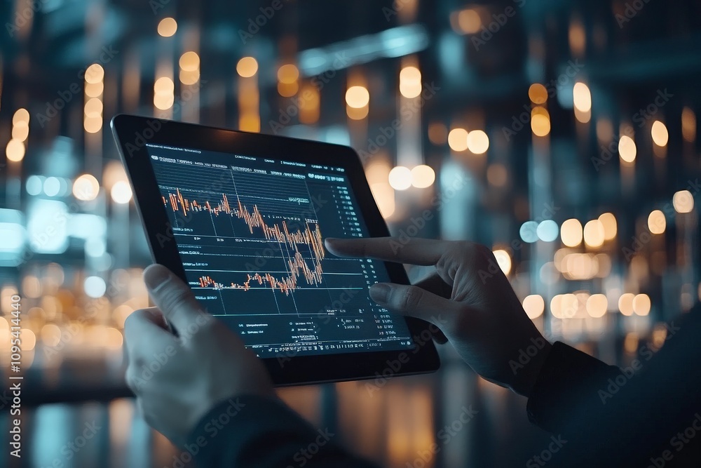 Poster a pair of hands operates a tablet displaying stock market graphs, emphasizing technology, analytics,