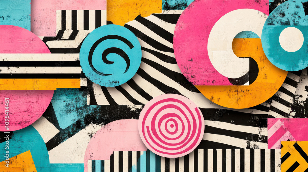 Poster a vibrant abstract composition featuring bold colors, geometric shapes, and contrasting patterns tha
