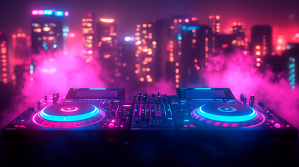 DJ turntables in front of a skyline