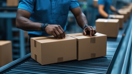 worker organizes cardboard boxes on a conveyor belt in a fulfillment center, ensuring efficient packaging and processing for shipment during a busy afternoon shift