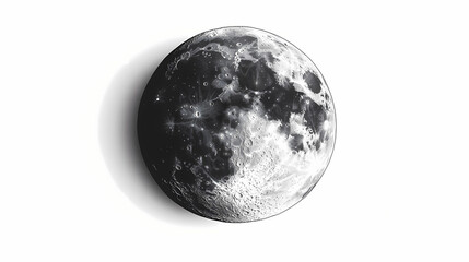 A full moon, with craters and shadows, on a white background. Lunar Eclipse Reflection. Illustration