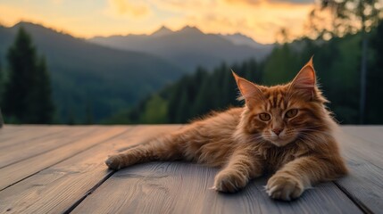 Obraz premium Golden feline lounging peacefully on a wooden deck, surrounded by breathtaking mountain views at sunset, capturing the essence of serene outdoor living.
