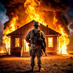 Naklejka premium Soldier and Burning House at Night