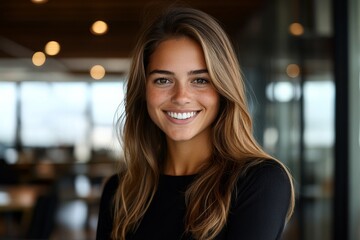 Obraz premium A cheerful young woman with long hair beams a smile in a modern office environment, radiating positivity and professional charm, embodying success and friendliness.