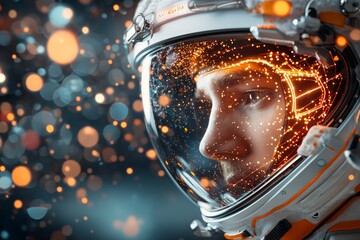 An astronaut's helmet with striking orange light patterns reflecting cosmic beauty and exploration in a profound, futuristic space journey, showcasing human determination.
