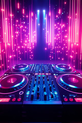 Turntables with neon background, club or disco poster